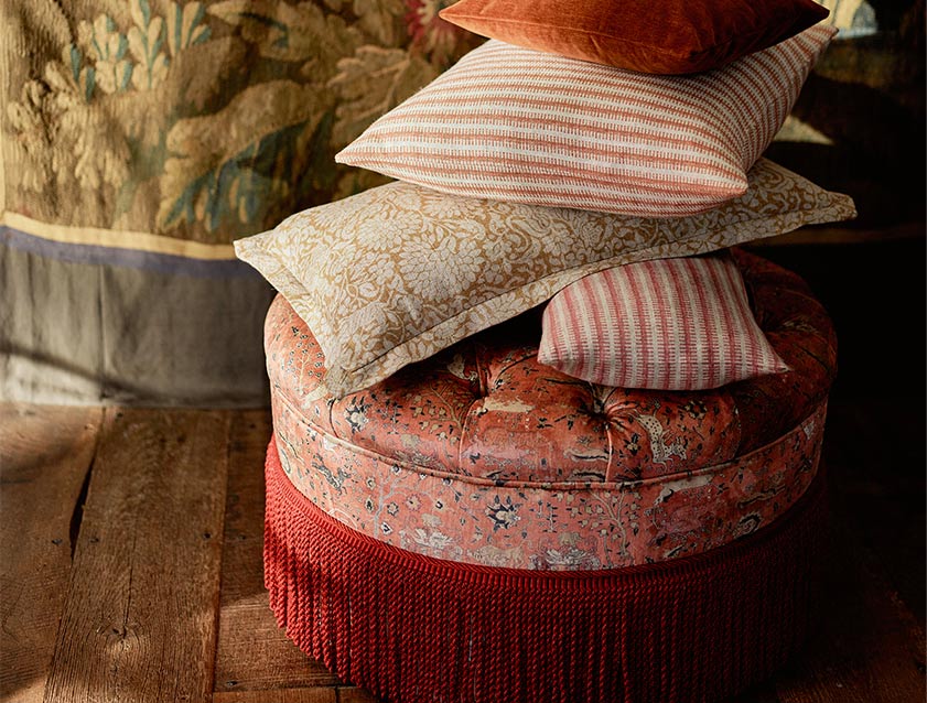 Burford Buttoned Footstool in 6 V&A Threads of India Opulent Velvets Lahore Dynasty Flame with Scatters in Exclusive fabrics